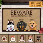 Beware Dogs Can't Hold There Lickers, Dog Lover Gift, Funny Welcome Mat, Gift For Home, Personalized Dog Breed Doormat
