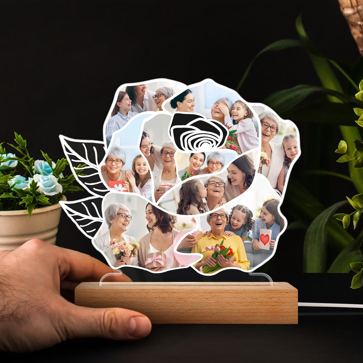 Custom Photo Rose Shape - Loving, Birthday Gift For Mom, Mum, Mother, Grandma, Nana - Personalized 3D Led Light Wooden Base